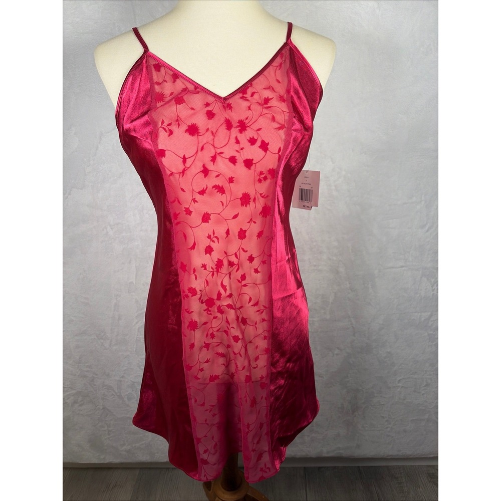 Warners Sleepwear Pink Satin Chemise Nightgown Floral Sheer Panel Small Vintage
